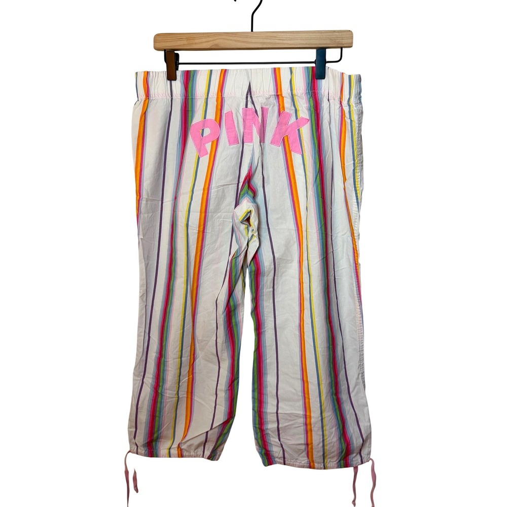 Y2K Victoria Secret Pink 100% Cotton Stripped Crop Sleep Pants Logo 90s SZ S
